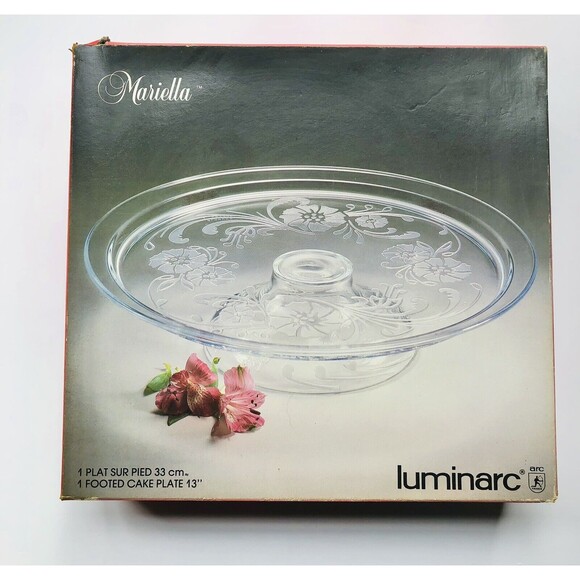 Luminarc Mariella footed cake plate 13" Crystal Floral Clear Made in France wg - Picture 2 of 9